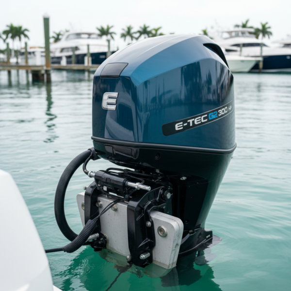 EVINRUDE E-TEC G2 300HP OUTBOARD ENGINE INSTALLED ON AN OFFSHORE BOAT