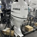 Side view of Yamaha F90 outboard engine showing compact marine design