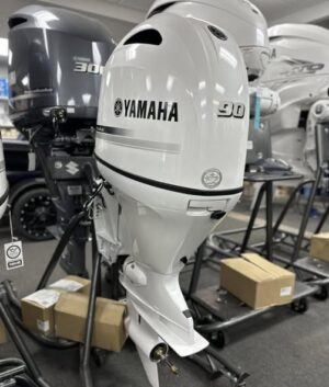 Side view of Yamaha F90 outboard engine showing compact marine design