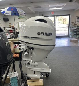 Side view of Yamaha F90 outboard engine showing compact marine design