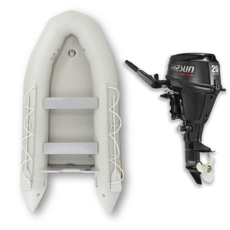 Inflatable boat with motor setup using small outboard engine