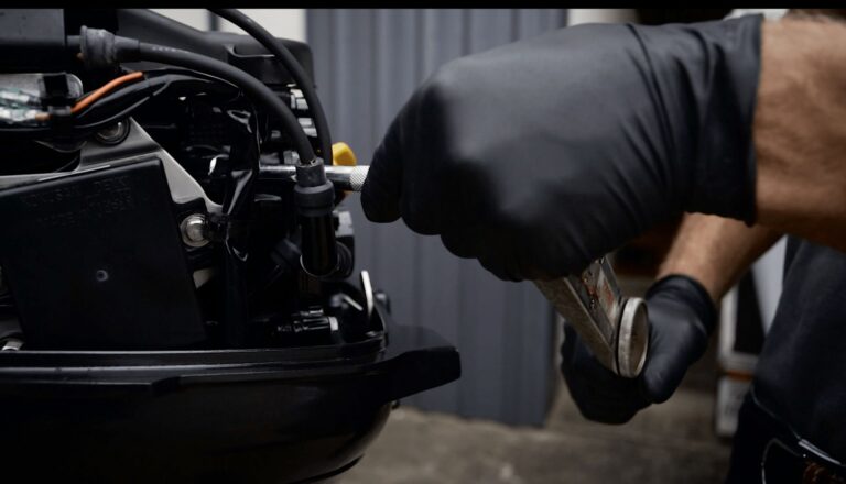 Marine technician servicing boat outboard engine in Australia workshop