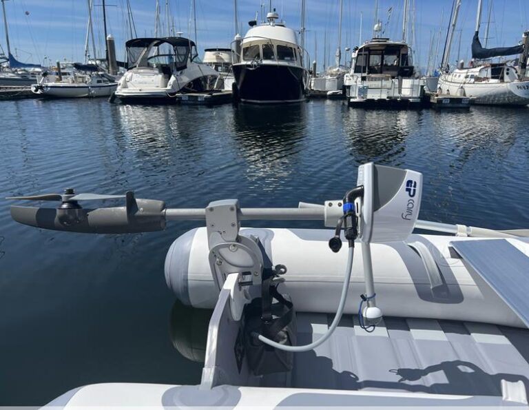 EP Carry Gen 2 electric outboard mounted on small tender boat
