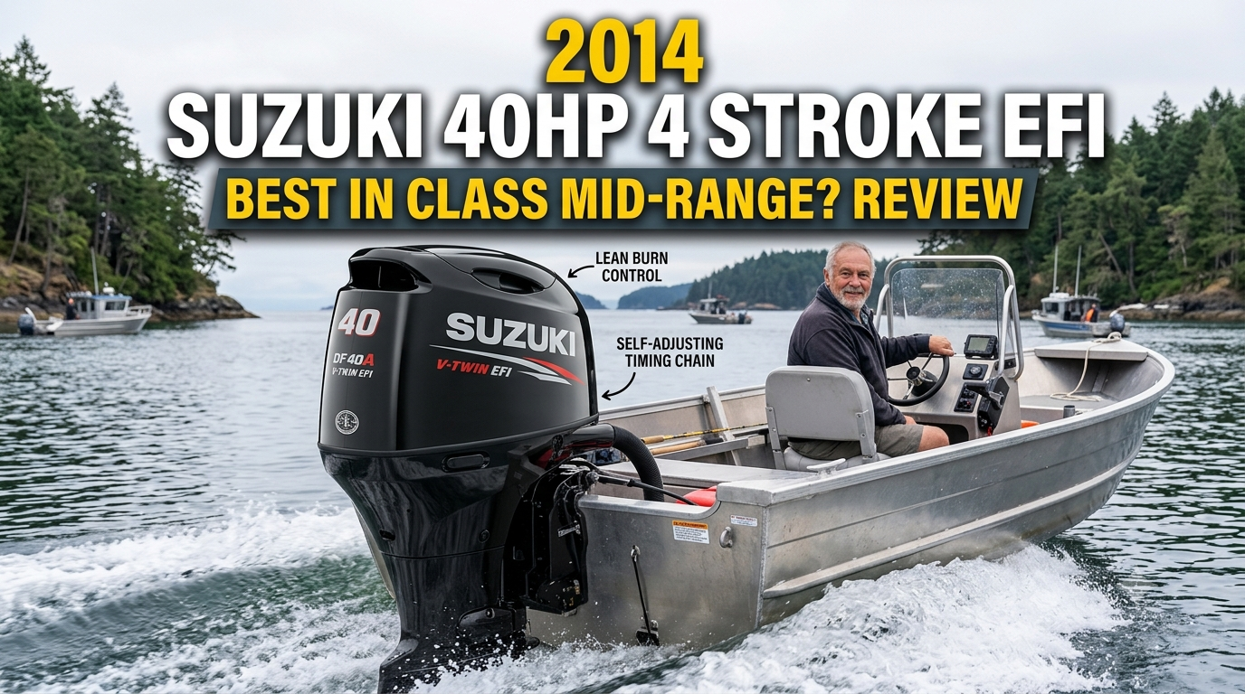 2014 Suzuki 40HP 4 Stroke EFI Outboard Engine mounted on a small fishing boat