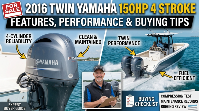 Twin 2016 Yamaha 150HP four-stroke outboard motors mounted on an offshore fishing boat
