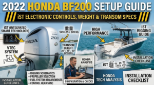 2022 Honda BF200 outboard with iST electronic controls mounted on an offshore fishing boat