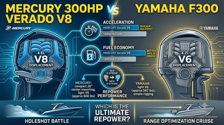 Mercury 300HP Verado V8 and Yamaha F300 outboard motors compared on offshore fishing boats