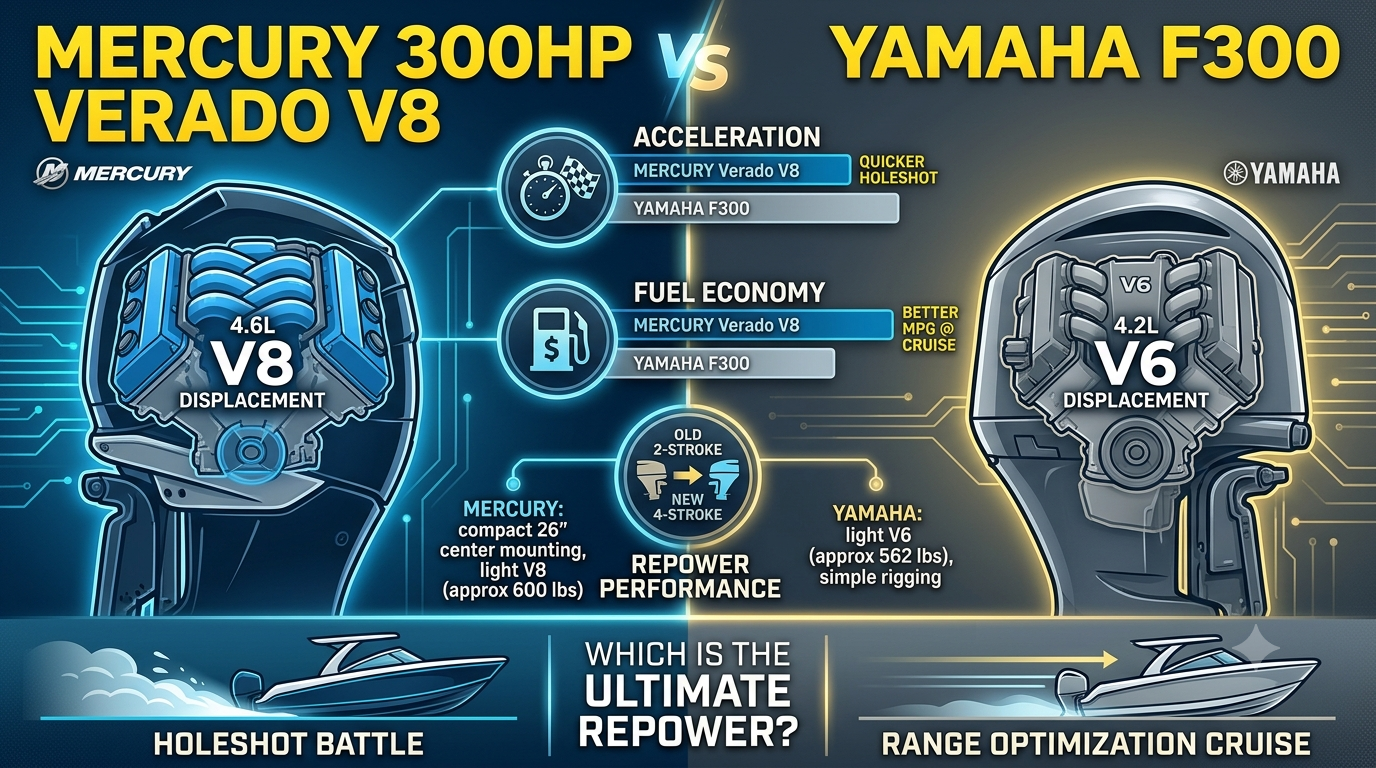 Mercury 300HP Verado V8 and Yamaha F300 outboard motors compared on offshore fishing boats