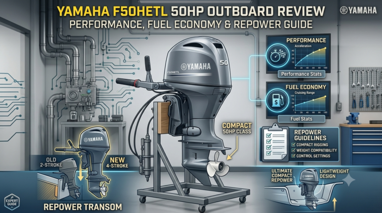 Yamaha F50HETL 50HP four-stroke outboard mounted on a small aluminium fishing boat