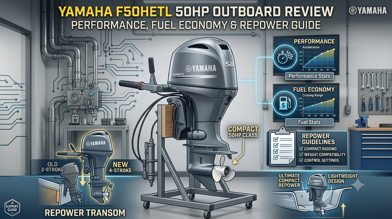 Yamaha F50HETL 50HP four-stroke outboard mounted on a small aluminium fishing boat