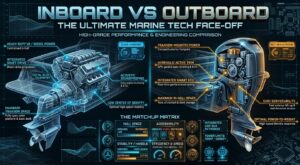 Inboard boat engine compared with modern outboard motor repower system